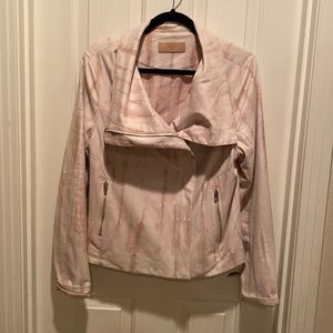 Light pink zip up jacket with big collar.